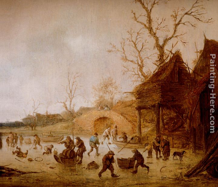 A Winter Landscape With Skaters, Children Playing Kolf And Figures With Sledges On The Ice Near A Bridge painting - Isack van Ostade A Winter Landscape With Skaters, Children Playing Kolf And Figures With Sledges On The Ice Near A Bridge art painting